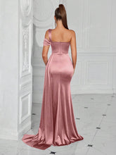 ADYCE One-Shoulder Pleated Waist Long Flowy Tie-Front Open-Back Cocktail Party Dress